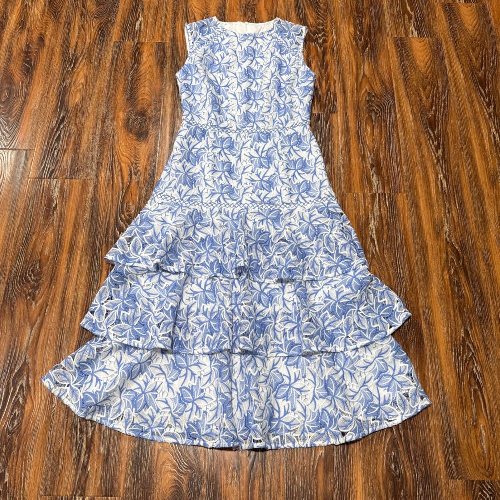 Keepsake The Label Blue White Floral Lace Tiered Ruffle Dress Size L Women's